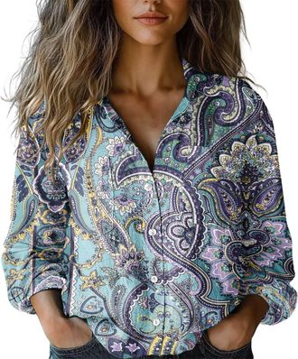 Generic Womens Bohemian Long Sleeve Shirt Gauze Button Down Blouse Loose Fit Casual Tunic Top for Fall