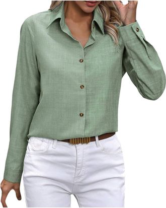 Generic Womens Shirts and Blouses Solid Color Button Down Collar Long Sleeve Shirt Casual Office Work Wear Classic Smart Blouse