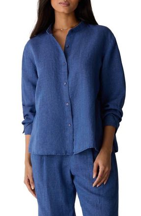 Eileen Fisher Mandarin Collar Long Sleeve Organic Linen Button-Up Shirt in Deep Dive at Nordstrom, Size Xx-Small