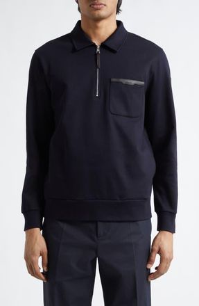 Moncler Leather Logo Cotton Blend Half Zip Pullover in Night Sky at Nordstrom, Size Xx-Large