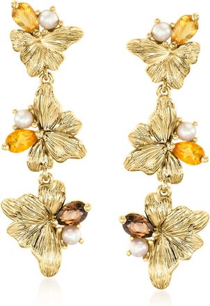 Ross-Simons Citrine and. Smoky Quartz Floral Drop Earrings With 2.5-3mm Cultured Pearls in 18kt Gold Over Sterling