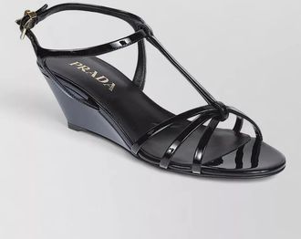 Prada patent sandals open toe strappy wedge heel