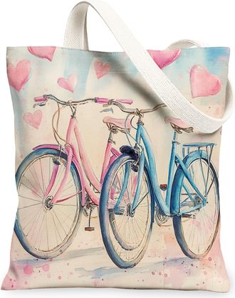 Generic Artistic Vintage Canvas Tote Bags, Bike Design Pattern Reusable Grocery Bags, Lightweight Washable Shoulder Strap Canvas for Summer Outdoor Travel Bea