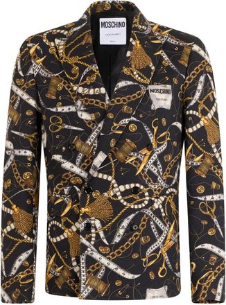 Moschino Dubbelrijige jas met print - Heren - Blazers - Zwart - L - Katoen - Jassen