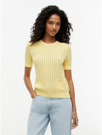 Tommy Hilfiger Womens Short-Sleeve Pointelle Pocket Sweater - Yellow - XL