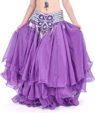 Hoerev Belly Dance Three-Layer Chiffon Hemming Skirt, Tiered Maxi Skirt,Not Including Belt,Purple,S-L