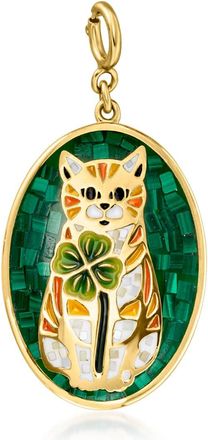 Ross-Simons Mother-Of-Pearl, Malachite and Multicolored Enamel Cat With Clover Mosaic Charm in 18kt Gold Over Sterling