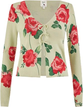 Yumi Green Rose Print Cardigan with Tie Front (UK, Alpha, M, Regular, Regular, Green)