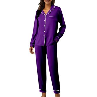 Generic Pjama Set Women, V Neck Button Front Pyjamas, Soft Stretch Sleepwear with Elastic Waist Trousers, Womens Comfy Nightwear Purple