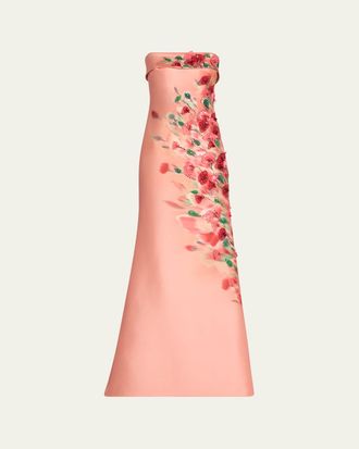 Badgley Mischka Strapless Embellished Floral-Print Gown