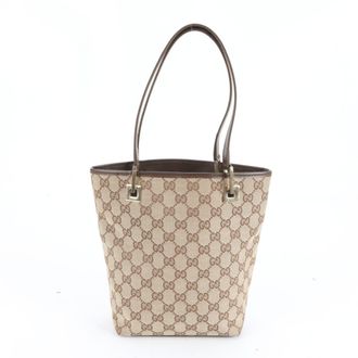 Gucci Brown Leather Canvas Handbag Shoulder Bag Tote Bag (Pre-Owned)