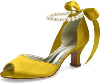 Generic Wedding Bridal Shoes Womens Bridal Low Heels Sandals Wedding Open Toe Pumps Bridal Formal Evening Prom Party Dress Shoes 6.5Cm,Yellow,8 UK