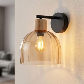 Globo Lighting Applique A Led, Lampada Da Parete, Lampada Da Soggiorno, Vetro, Ambra, Legno, Nero, H 24 Cm