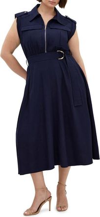 City Chic Cap Sleeve Utility Zip Midi Shirtdress in Navy at Nordstrom, Size Xxl