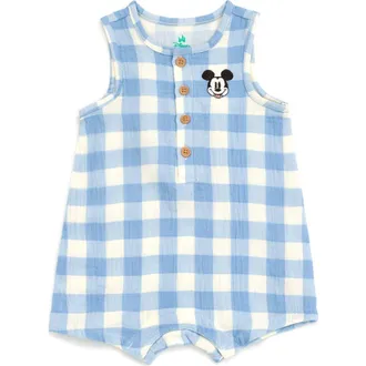 Disney Mickey Mouse Baby Boys Cotton Gauze Sleeveless Shorty Romper in Light Blue Mickey at Nordstrom, Size 18M