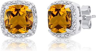 MAX + STONE 925 Sterling Silver 7mm Gemstone and Diamond Accent Halo Cushion Stud Earrings