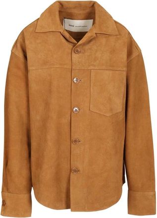 Ami Goat Suede Overshirt met Knopen - Heren - Leren en Su&egrave;de Jassen - Beige - L - Katoen - Jassen