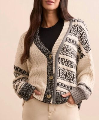 Tribal Button Front Sweater Cardigan In Cream