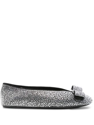 Ferragamo Womens Black Crystal Bow Flats - Light Grey Leather - Size EU 40