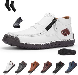 Generic Mens Casual Arch Support Non-Slip Leather Slip-On Loafers Handmade Leather Slip-On Wide Toe Orthopedic Boots with Side Zipper Fashion Comfortable Non-