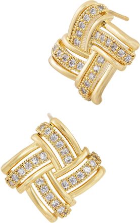 Savvy Cie Jewels GOLD PLATED BASKETWEAVE WHITE CZ STUD EARRINGS