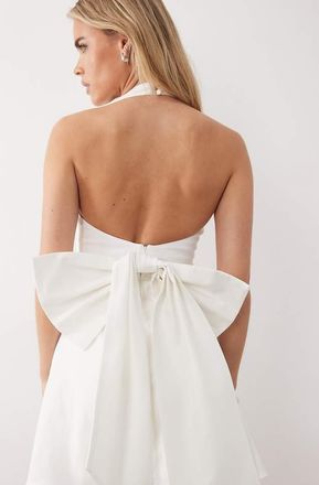 Tfnc Petite Vestito corto da sposa allacciato al collo con fiocco sul retro color avorio-Bianco