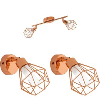 Loops Twin Ceiling Spot Light & 2x Matching Wall Lights Copper Geometric Wire Cage