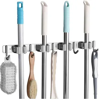 OEM Porta Scope Da Parete In Acciaio Inox Con 4 Fessure E 5 Ganci Per Cucina, Bagno, Garage E Giardino, Grigio