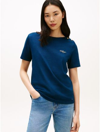 Tommy Hilfiger Womens Gold-Button Cotton Interlock T-Shirt - Blue - XXL