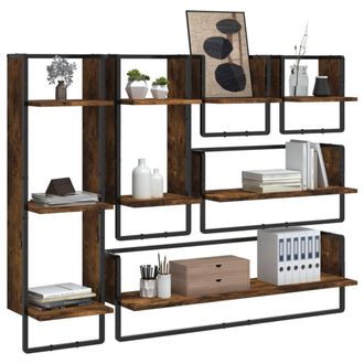 Berkfield Home Decorative 6 Piece Wall Shelf Set with Bars Smoked Oak Engineered Wood in Brown