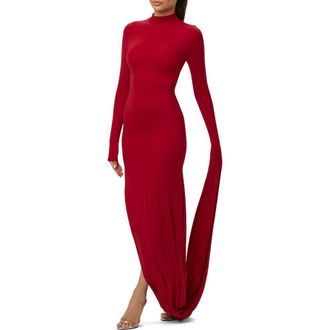 Naked Wardrobe Drape Long Sleeve Maxi Dress in Ruby Red at Nordstrom, Size X-Small
