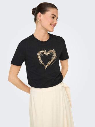 Only T-Shirt ONLY ONLMARCY S/S BOX TOP CC JRS, Damen, Gr. XS, schwarz (schwarz detail:with sequins heart), Jersey, Obermaterial: 100% Baumwolle, bedruckt, 