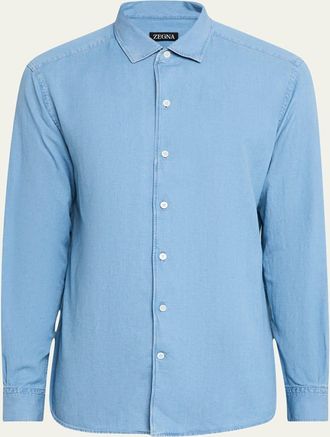 Ermenegildo Zegna Mens Cotton and Linen Denim Casual Button-Down Shirt