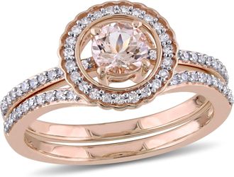 Mimi & Max Morganite and 1/3ct TW Diamond Halo Bridal Ring Set 10k Rose Gold