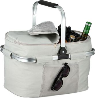 Relaxdays Relaxdays - Shopping Basket, Foldable, Carrying Handle, HxWxD: 45 x 43 x 30.5 cm, Insulated, Picnic Cool Bag, Light Grey