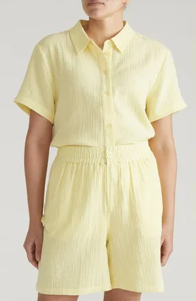 Universal Standard Toni High Low Button Down Cotton Gauze Top in Champagne at Nordstrom, Size Xx-Large