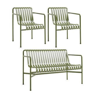 HAY Palissade Dining Bench + 2x Dining Armchair, olive