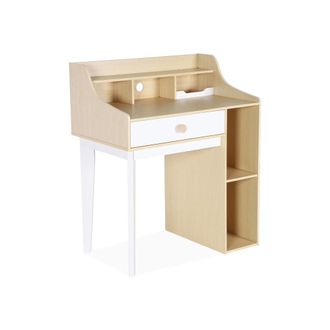 Sweeek Escritorio infantil con caj&oacute;n y estantes, blanco y natural
