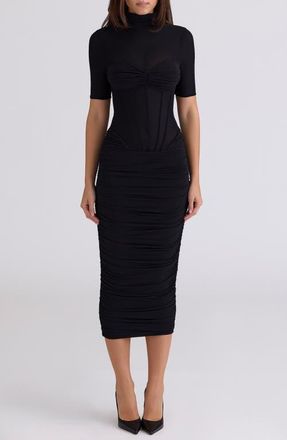 House of CB Sorrel Corset Stretch Mesh Midi Dress in Black at Nordstrom, Size X-Small A