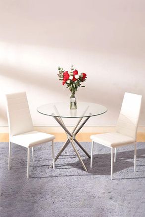 Living and Home 3pcs Dining Table Set of 2 Modern Faux Leather Dining Chairs and Tempered Glass Table in White