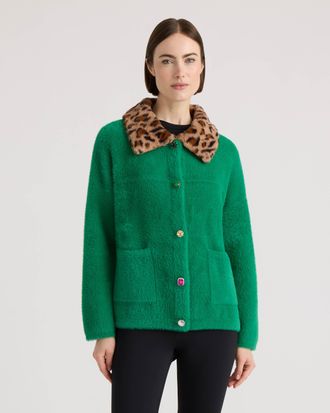 NVLT Womens Eyelash Cropped Coatigan with Faux Fur Collar