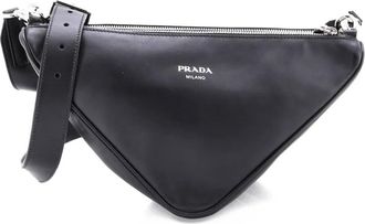 Prada Double Triangle Logo Zip Shoulder Bag Saffiano Leather and Leather crossbody bag - Zwart