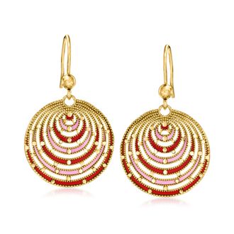 Ross-Simons Italian Pink and Red Enamel Milgrain Drop Earrings in 18kt Gold Over Sterling