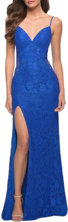 La Femme Sleek Lace Long Dress with Sheer Sides and Open Back in Royal Blue at Nordstrom, Size 8