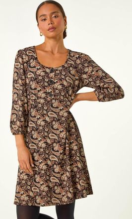 Roman Paisley Print Button Stretch Dress