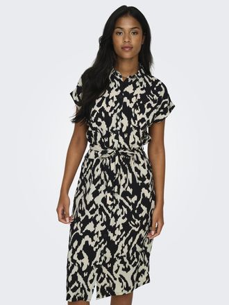Only Hemdblusenkleid ONLY ONLHANNOVER S/S SHIRT DRESS NOOS WVN, Damen, Gr. 36 (S), N-Gr, beige (birch aop:schwarz graphic), Web, Obermaterial: 100% Polyest