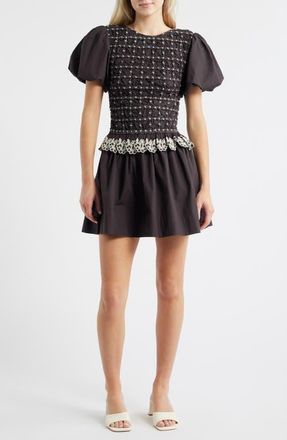 Damson Madder Audrey Smocked Puff Sleeve Organic Cotton Minidress in Black at Nordstrom, Size 12 Us