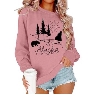 Generic Women Alaska bear Print Sweatshirt Crew Neck Long Sleeve Tops Basic Jumper Tunic Blouse Shirts