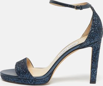 Jimmy Choo London Metallic Blue Glitter And Leather Ankle Strap Sandals
