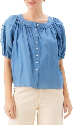 Fifteen Twenty Shay Contrast Stitch Puff Sleeve Chambray Button-Up Shirt at Nordstrom, Size X-Small